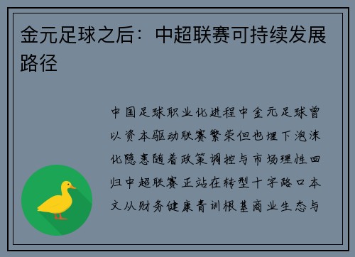 金元足球之后：中超联赛可持续发展路径